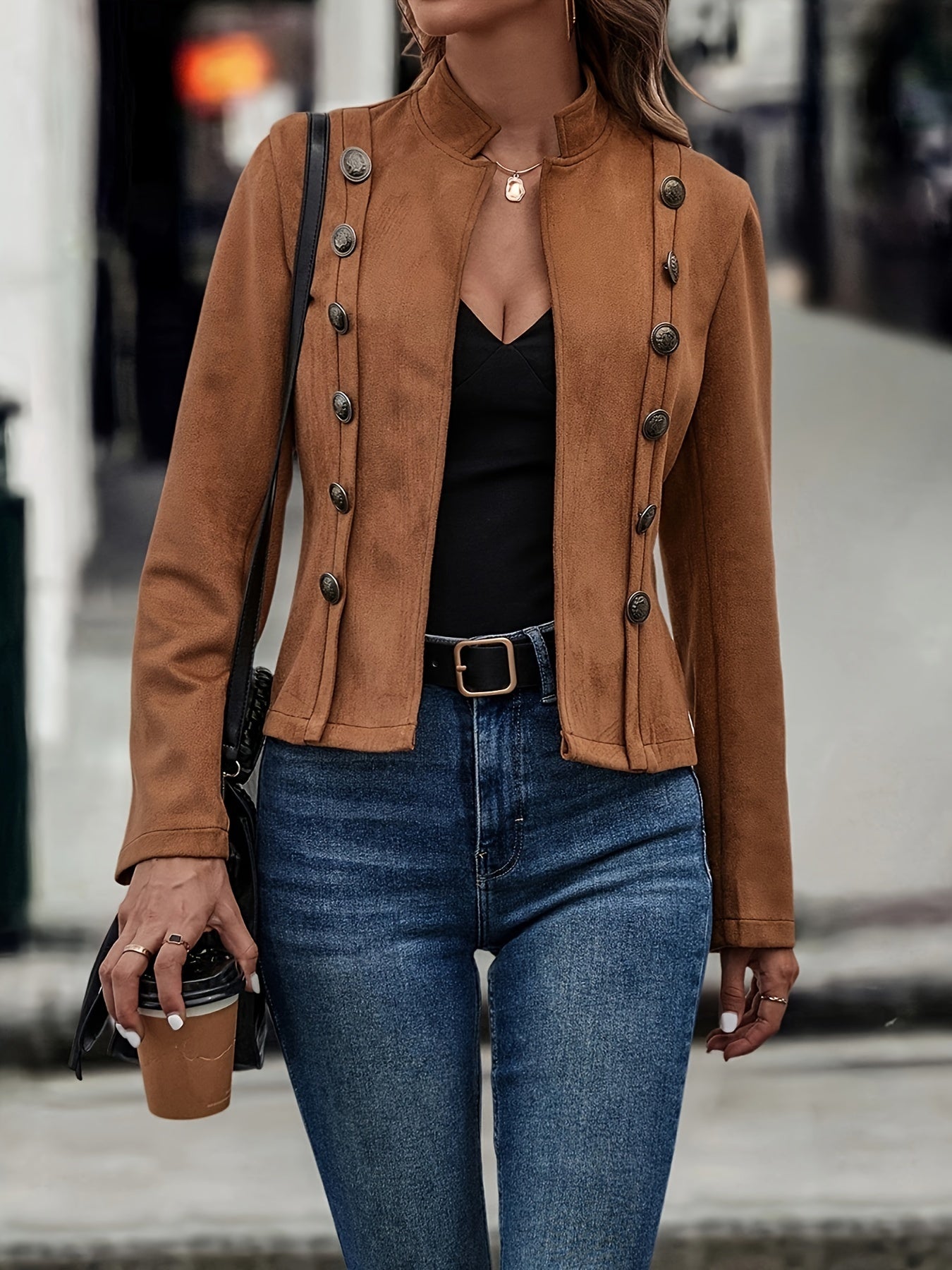 R&B | Militärisch Inspirierte Blazer mit Knopfdetails Polyester Stilvoll und Scharf
