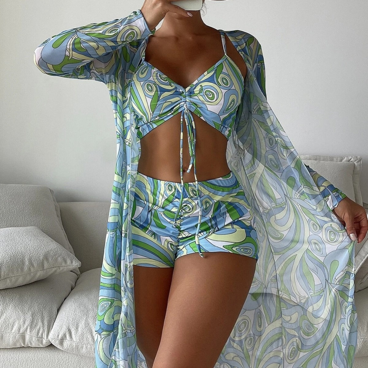 R&B | Dreiteilige Bluse mit hoher Taille und langen Ärmeln mit Kordelzug