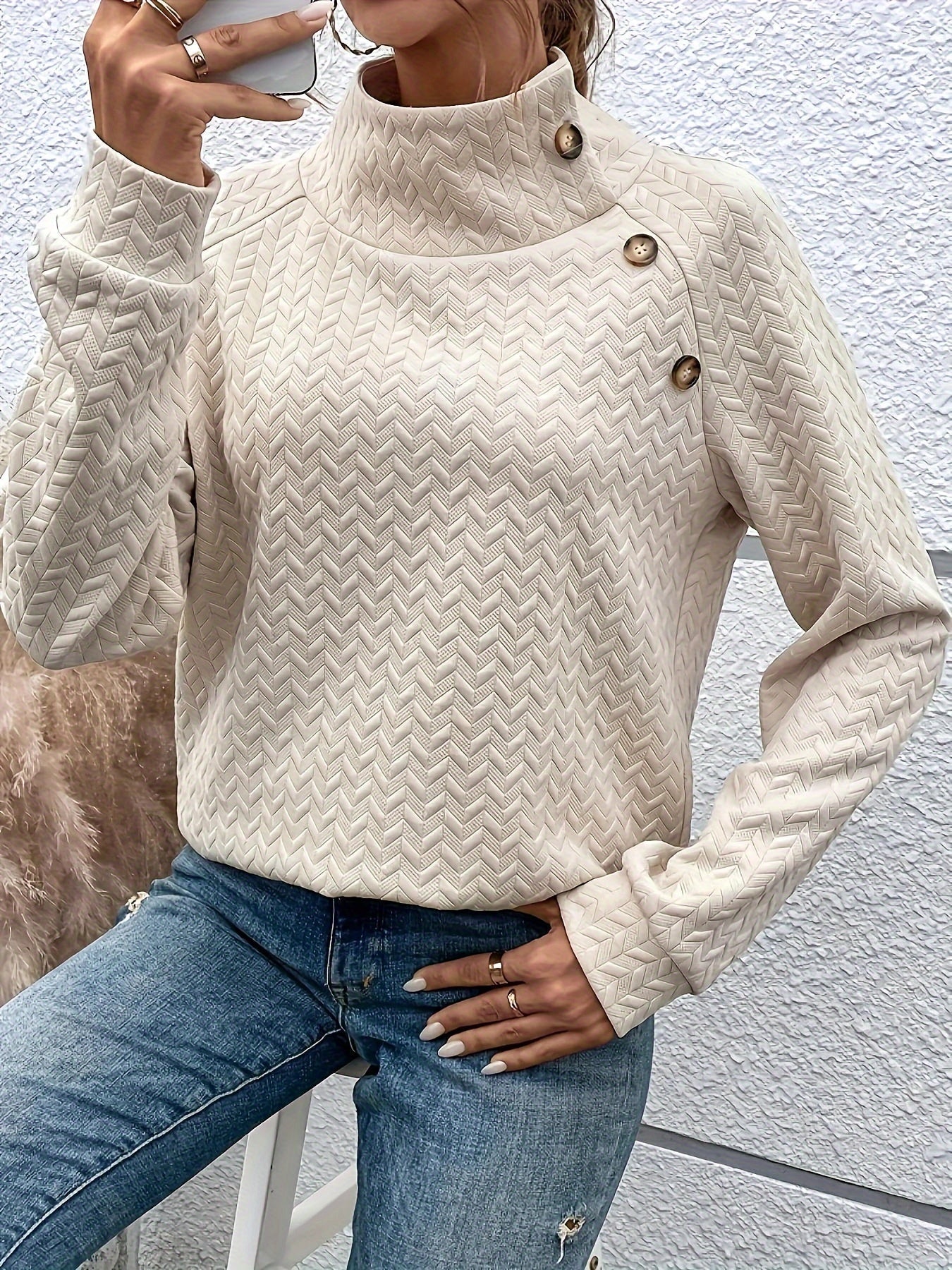 R&B | Leichtgewicht Pullover mit Hohem Kragen und Knöpfen Polyester Elegant und Komfortabel