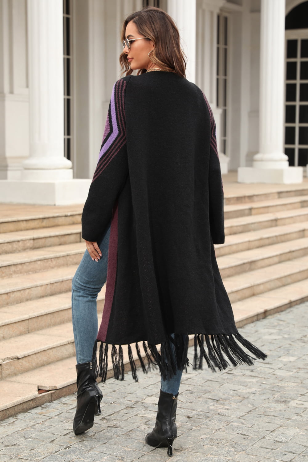 R&B | Geometric Fringe Hem Offene Front Duster Cardigan