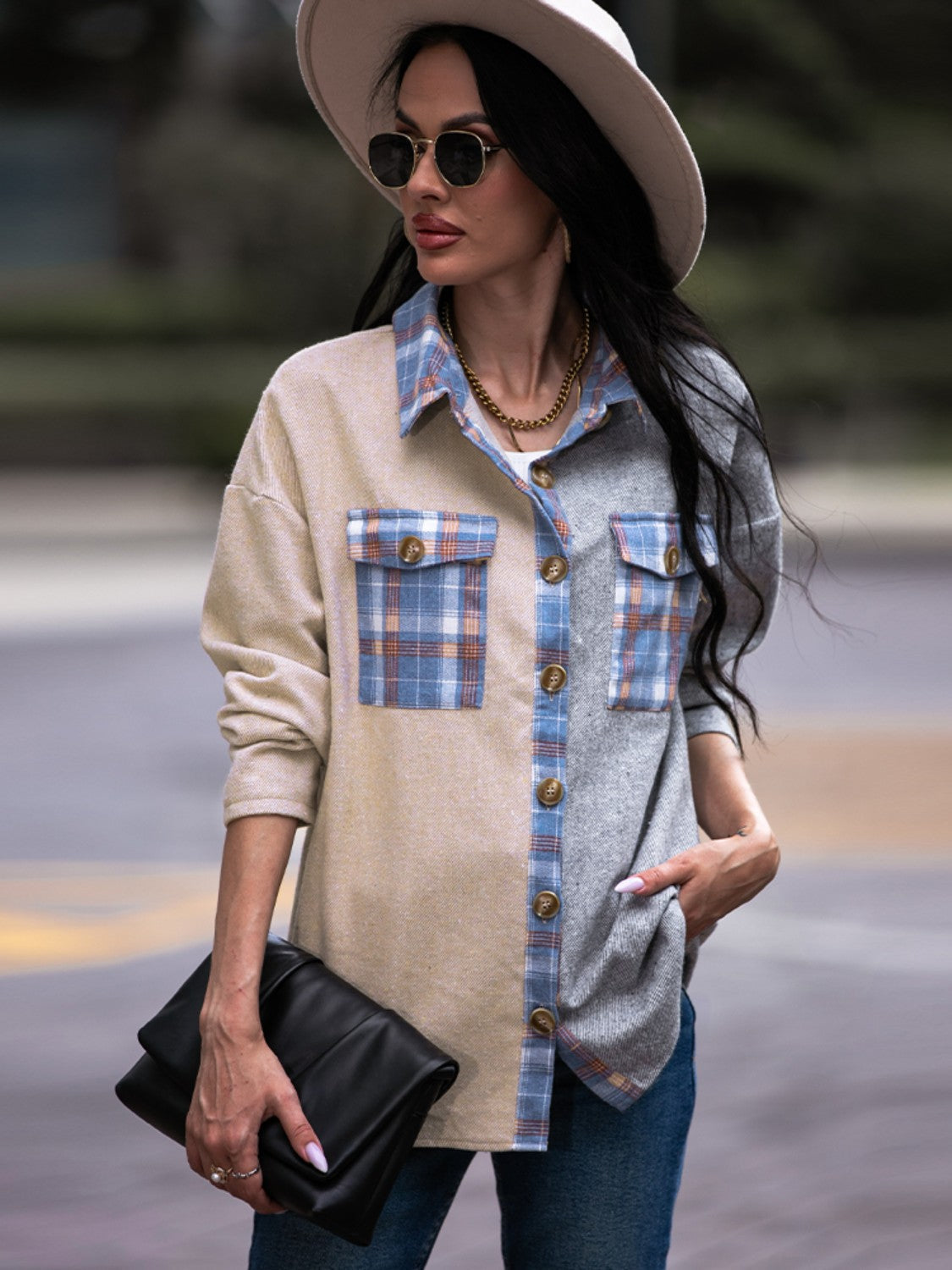 R&B | Karo Kontrast Drop Shoulder Shacket