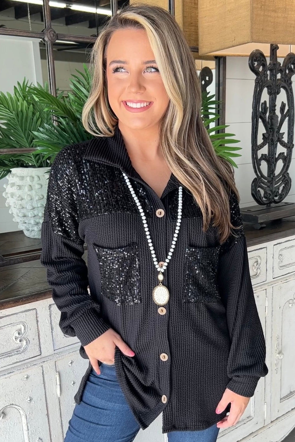 R&B | Gerippte Blusenjacke mit Pailletten-details Polyester-mischung Festlich und Trendy