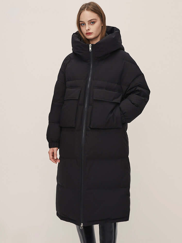 R&B | Damen Lange Winter Pufferjacke mit Kapuze