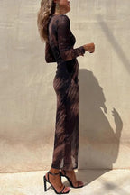 R&B | Charm Lady Mesh Overlay Tie Dye Print Langarm Rüsch Stretch Midi Kleid