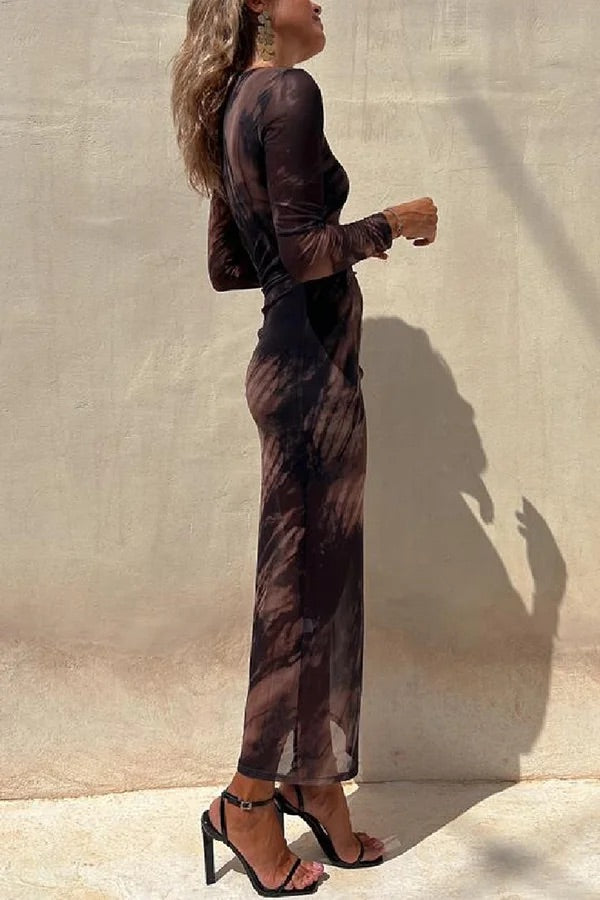 R&B | Charm Lady Mesh Overlay Tie Dye Print Langarm Rüsch Stretch Midi Kleid