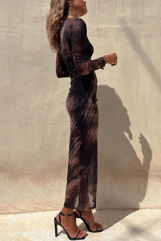 R&B | Charm Lady Mesh Overlay Tie Dye Print Langarm Rüsch Stretch Midi Kleid