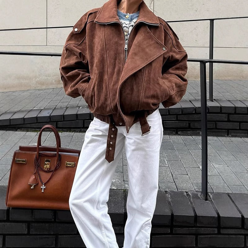 R&B | Übergröße Bomberjacke im Wildleder-Look mit asymmetrischem Reißverschluss