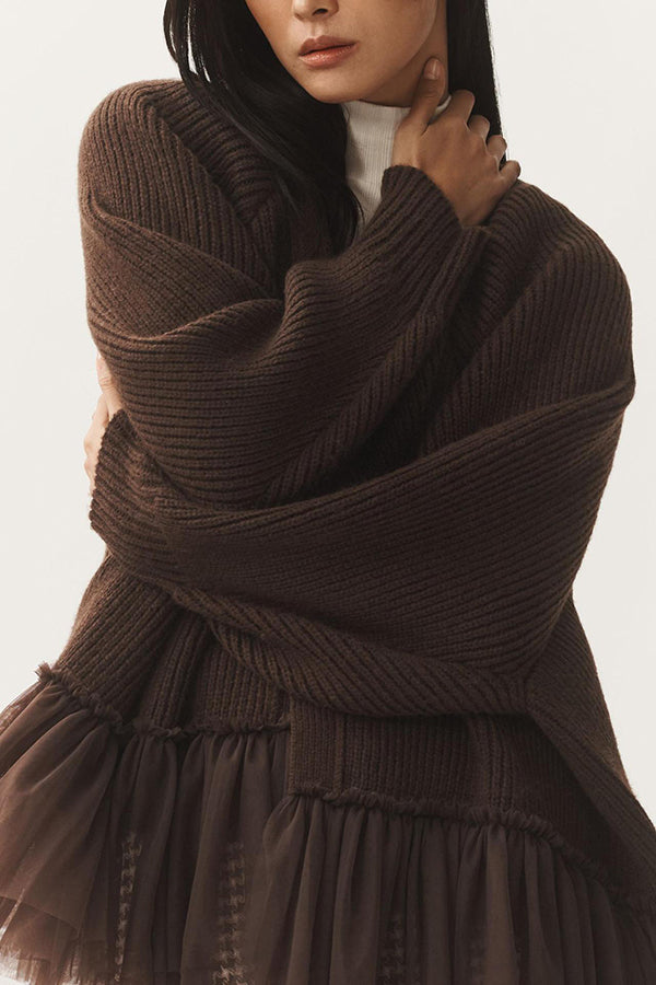 R&B | Strickjacke mit Netz-Rüsche und Langen Ärmeln