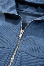 Blaugrüne Cordjacke Mit Kordelzug Und Kapuze Und Reißverschluss