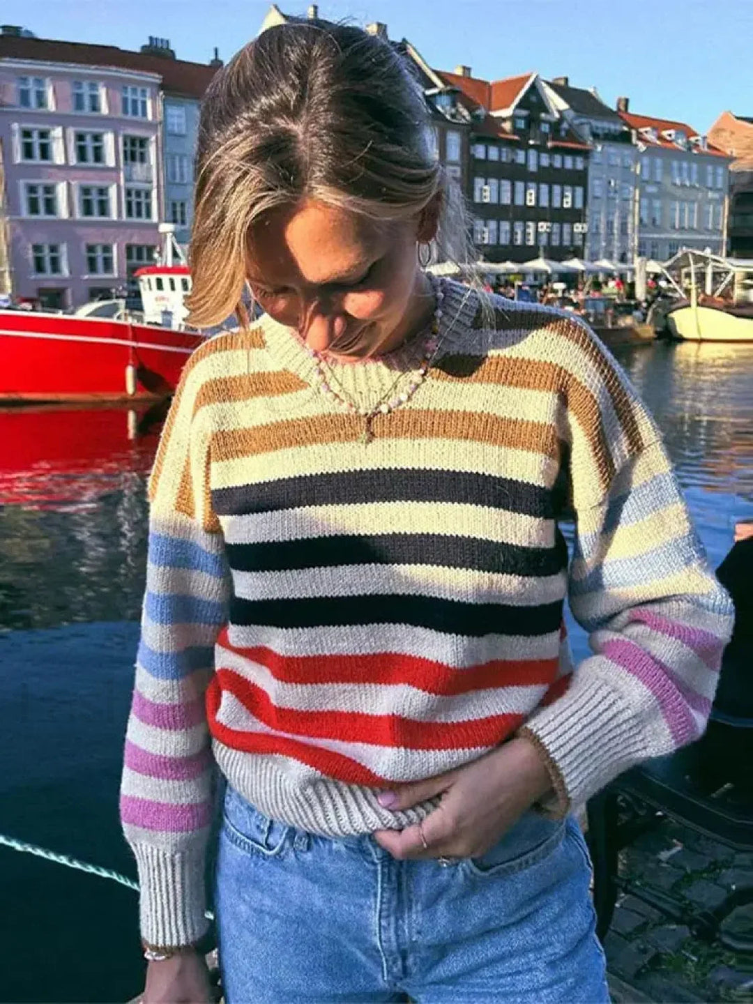 R&B | Bunter Gestreifter Vintage Strickpullover mit Rundhalsausschnitt