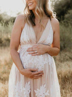 EB-Fashion Fotoshooting-Kleider, Bohemian-Stil, Babyparty, Spitze, Tüll, V-Ausschnitt, Umstandsmode, Weiß, Maxi