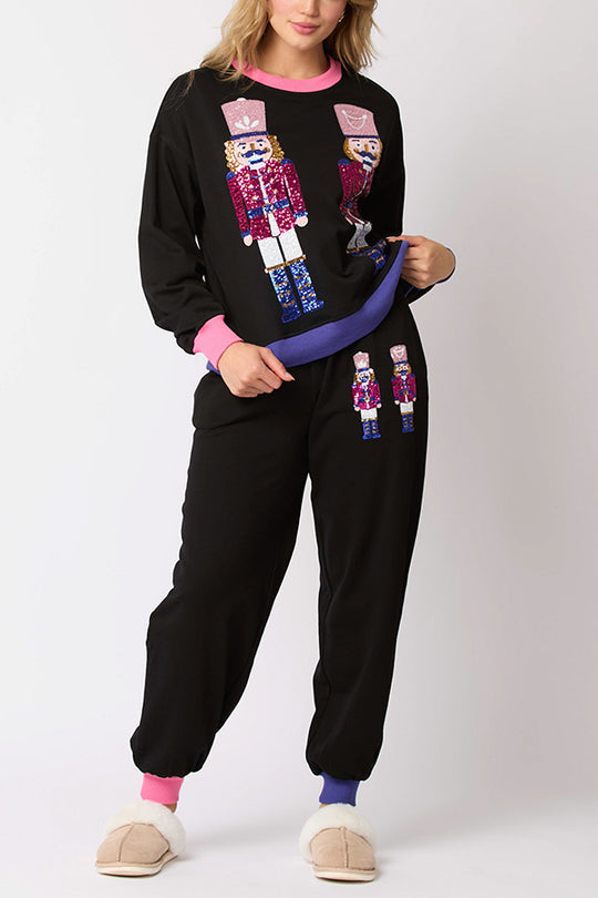 R&B | Weihnachtsmann Pailletten Freizeit Sweatshirt und elastische Taillen lockere Taschenhose Set