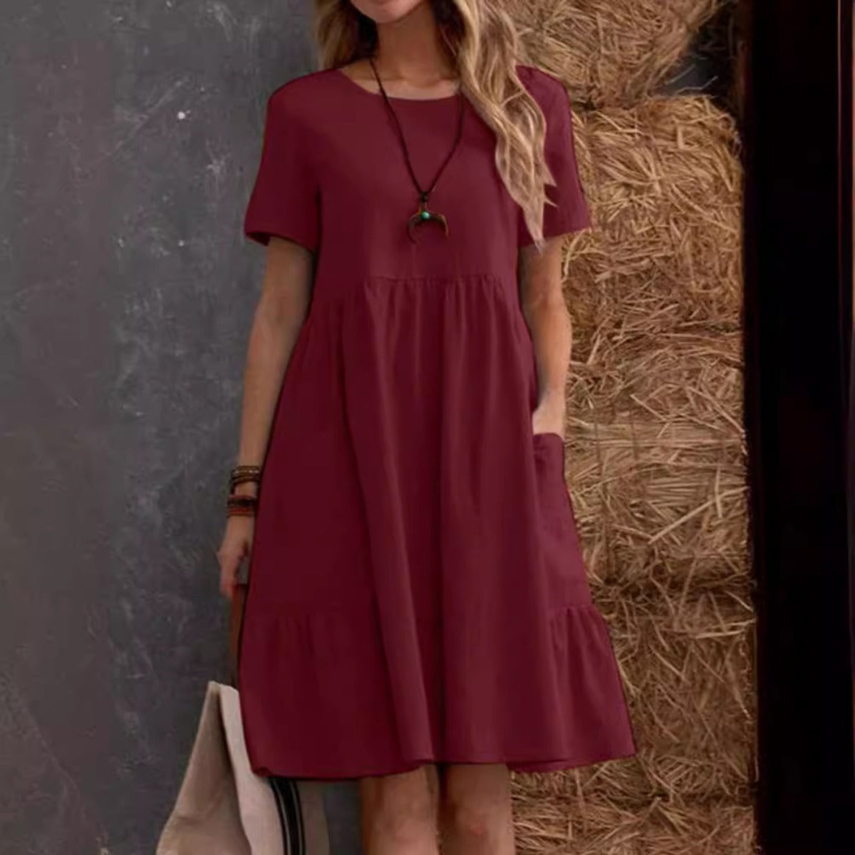 R&B | Lose Tasche einfarbig Rundhalsausschnitt Kleid