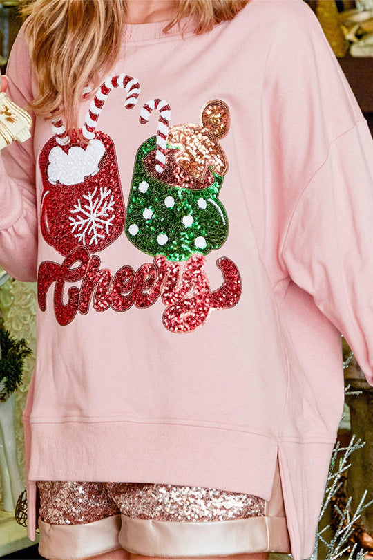 R&B | Weihnachts Süßigkeiten Tasse Pailletten Lässiger Lockere Sweatshirt