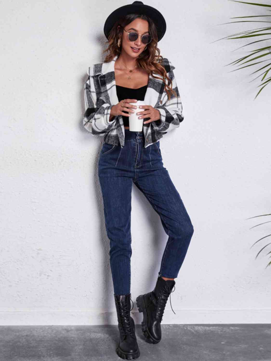 R&B | Karierter Knopf-Front-Jacke mit Taschen