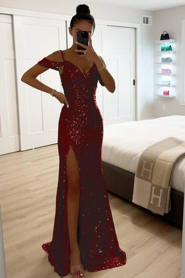 R&B | Paillettenspitze Meerjungfrau Abschlussballkleider mit Schlitz Off-Shoulder Abendkleid