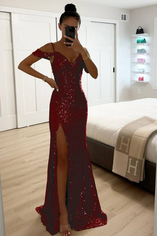R&B | Paillettenspitze Meerjungfrau Abschlussballkleider mit Schlitz Off-Shoulder Abendkleid