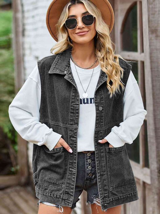 R&B | Knopf-Front Ärmellose Jeansjacke
