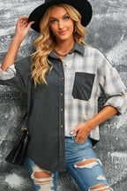 R&B | Karierte Farbblock Gefallen Schulter Corduroy Shacket