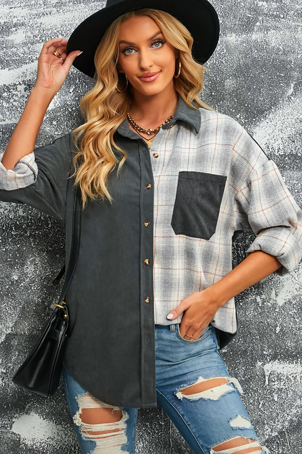 R&B | Karierte Farbblock Gefallen Schulter Corduroy Shacket
