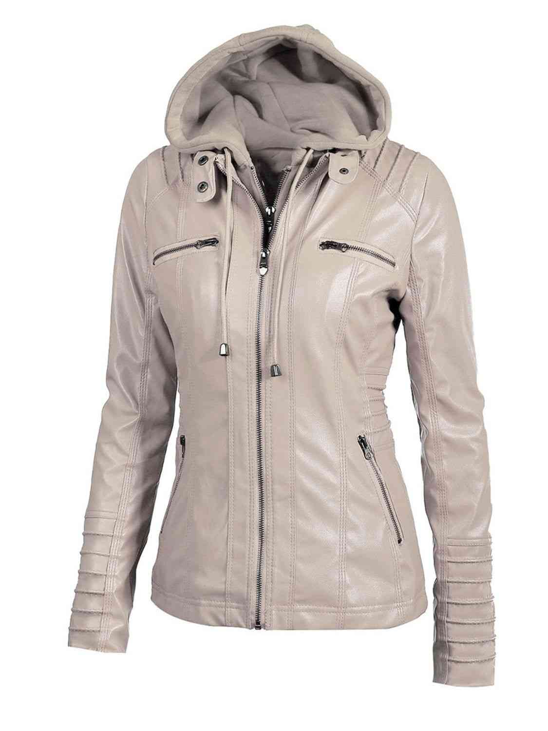 R&B | PU-Jacke mit Kapuze und durchgehendem Reißverschluss