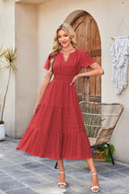 R&B | Kleid mit V-Ausschnitt und plissierten Blasenärmeln