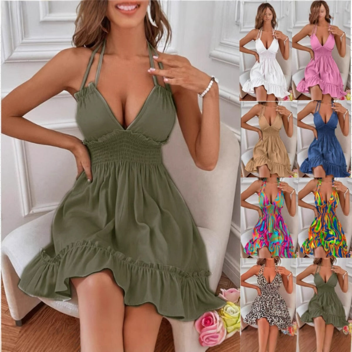 R&B | Tiefes V-Seil-Sling-Neckholder-Kleid