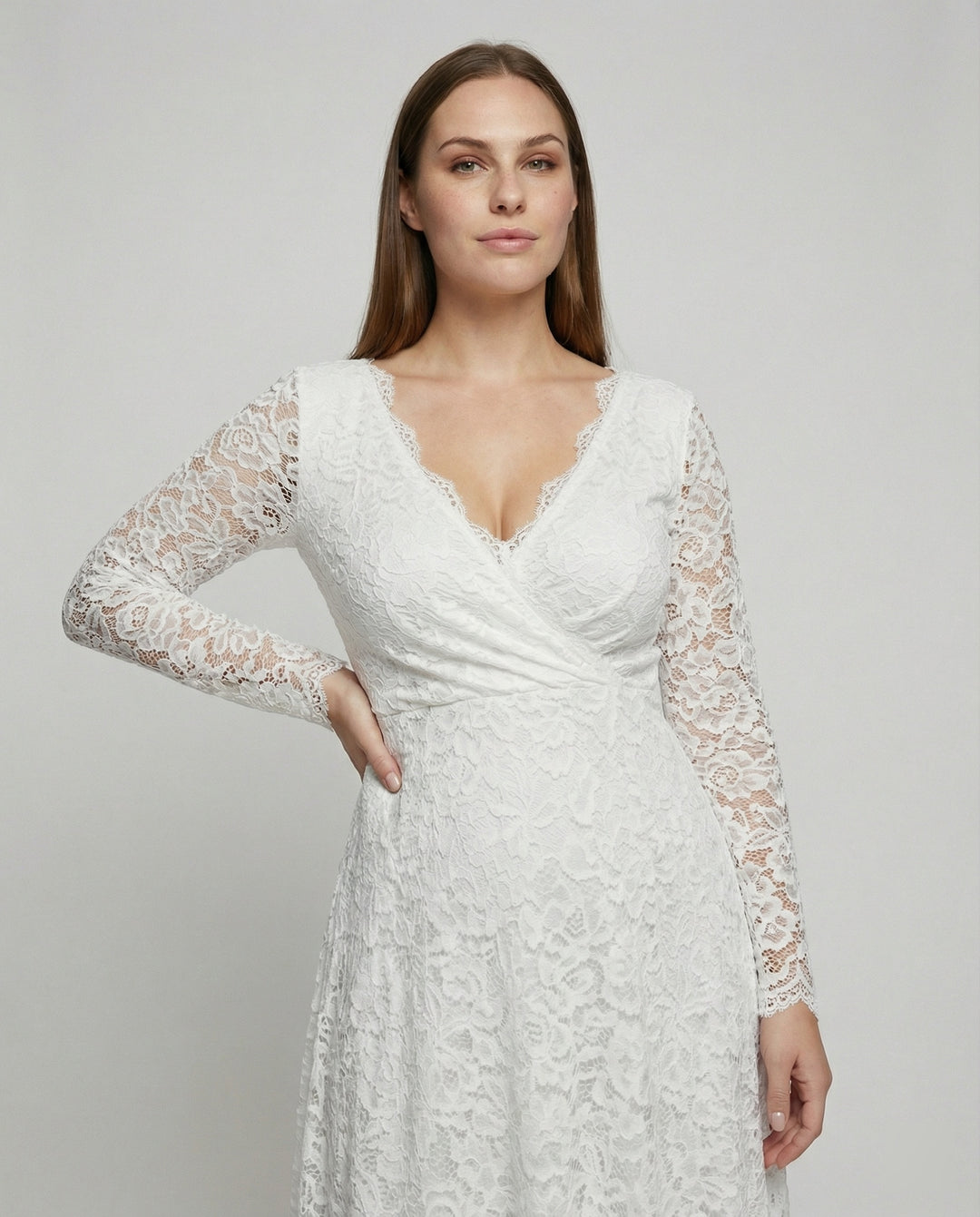 R&B-Fashion Umstandsmode für Fotoshooting, Babyparty, Hochzeit, Maxikleid, Spitze, V-Ausschnitt, rückenfrei, weiß, elegant