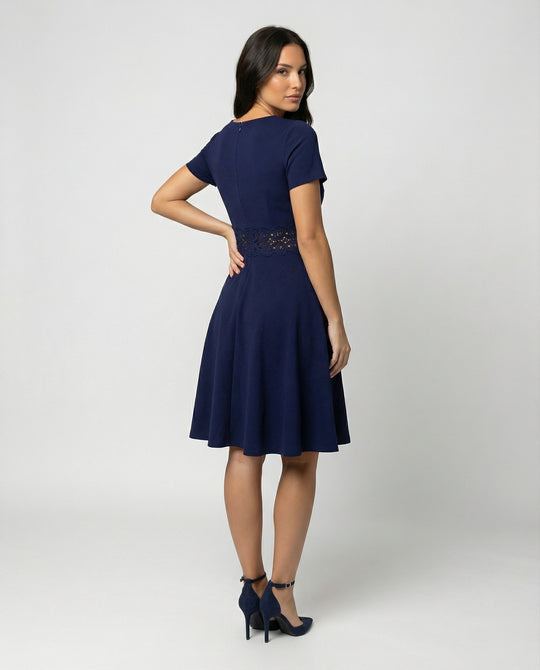 Blaues Kleid mit Kontrastierender Spitze und Akzentuierter Taille