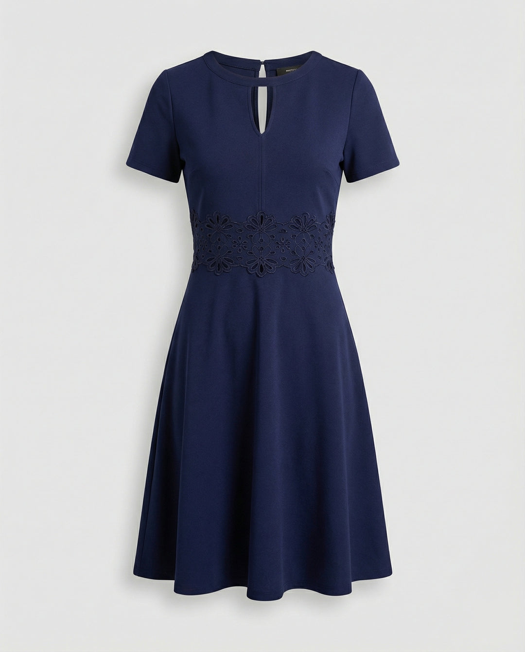Blaues Kleid mit Kontrastierender Spitze und Akzentuierter Taille