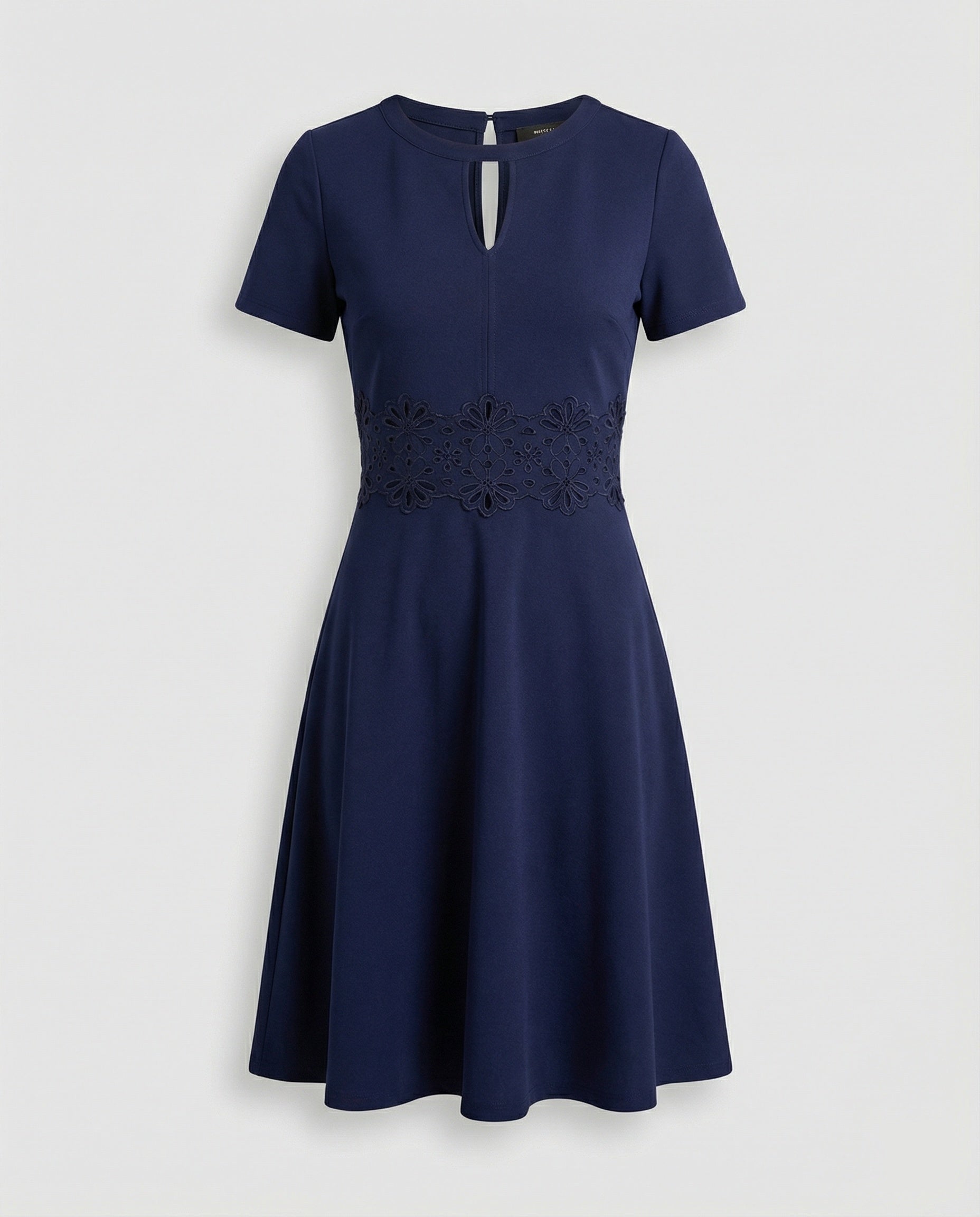 Blaues Kleid mit Kontrastierender Spitze und Akzentuierter Taille