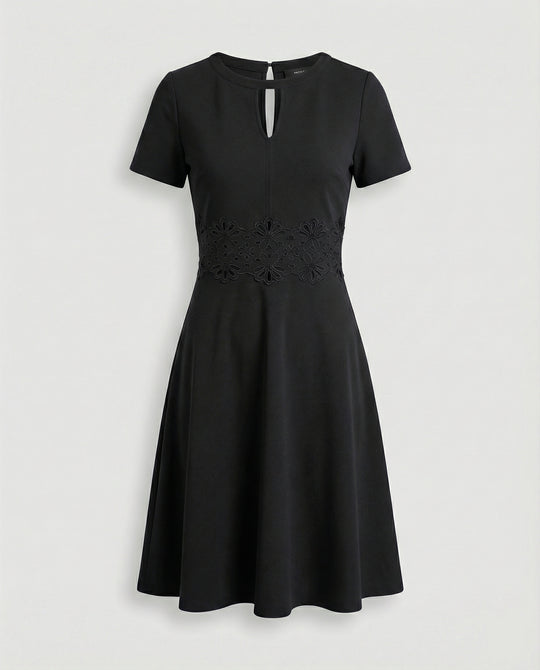 Blaues Kleid mit Kontrastierender Spitze und Akzentuierter Taille