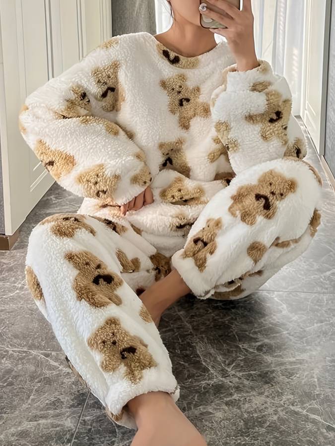 R&B | Bequemes weißes Bärenmotiv Loungewear-Set für Damen