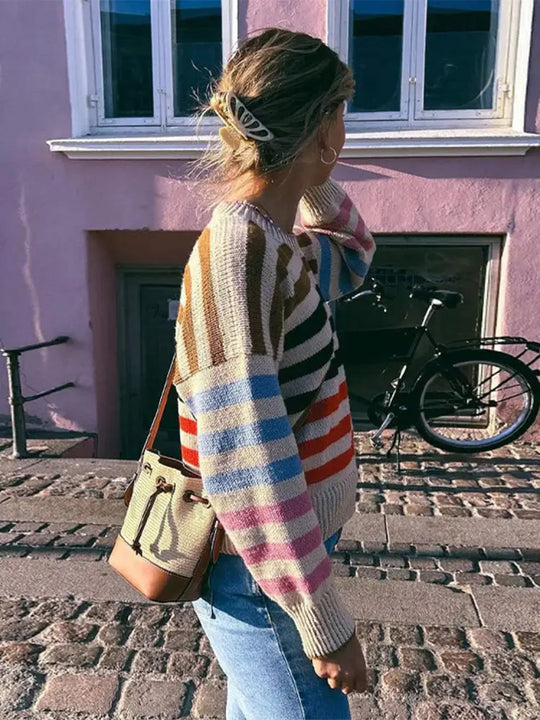 R&B | Bunter Gestreifter Vintage Strickpullover mit Rundhalsausschnitt