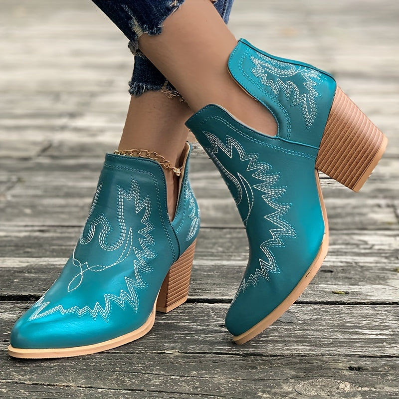 R&B | Damen Westernstiefel mit Blockabsatz und Retro-Stickerei