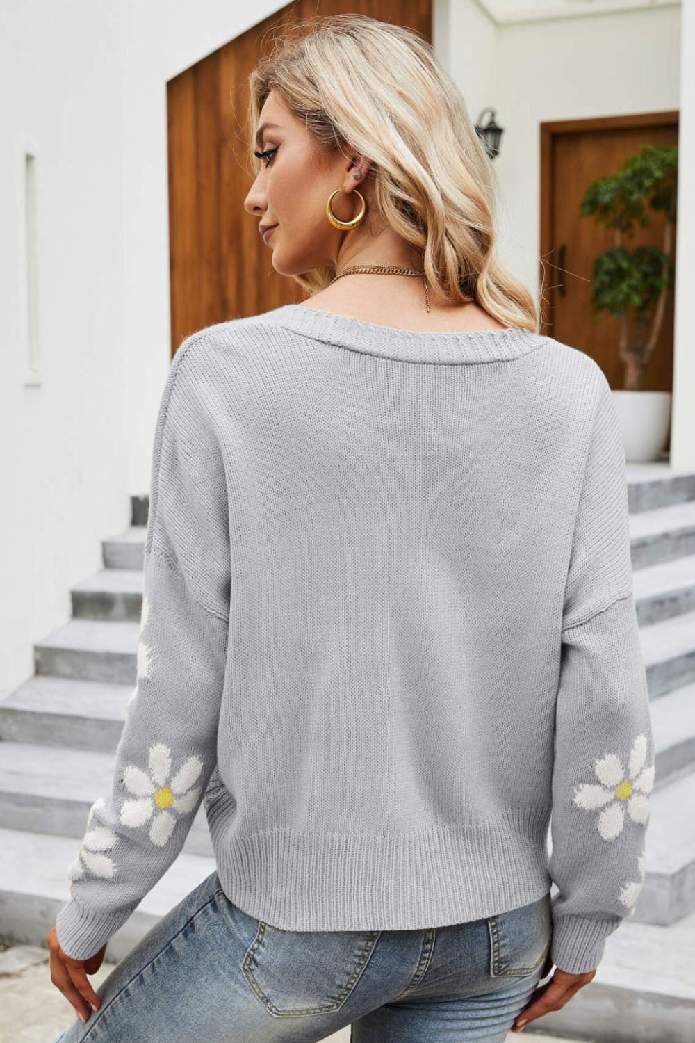 R&B | Floral Ribbed Trim Drop Shoulder Cardigan