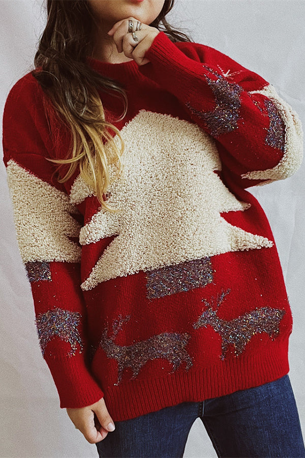 R&B | Weihnachtsmuster Gestrickter Rundhalsausschnitt Langarmpullover