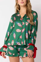 R&B | Weihnachten Mode Gedruckte Fliege Oberteil und Elastischer Taillen Rüschenshorts Set
