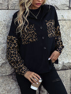 R&B | Leopard Print Knopf-abgesetzte Schulterjacke