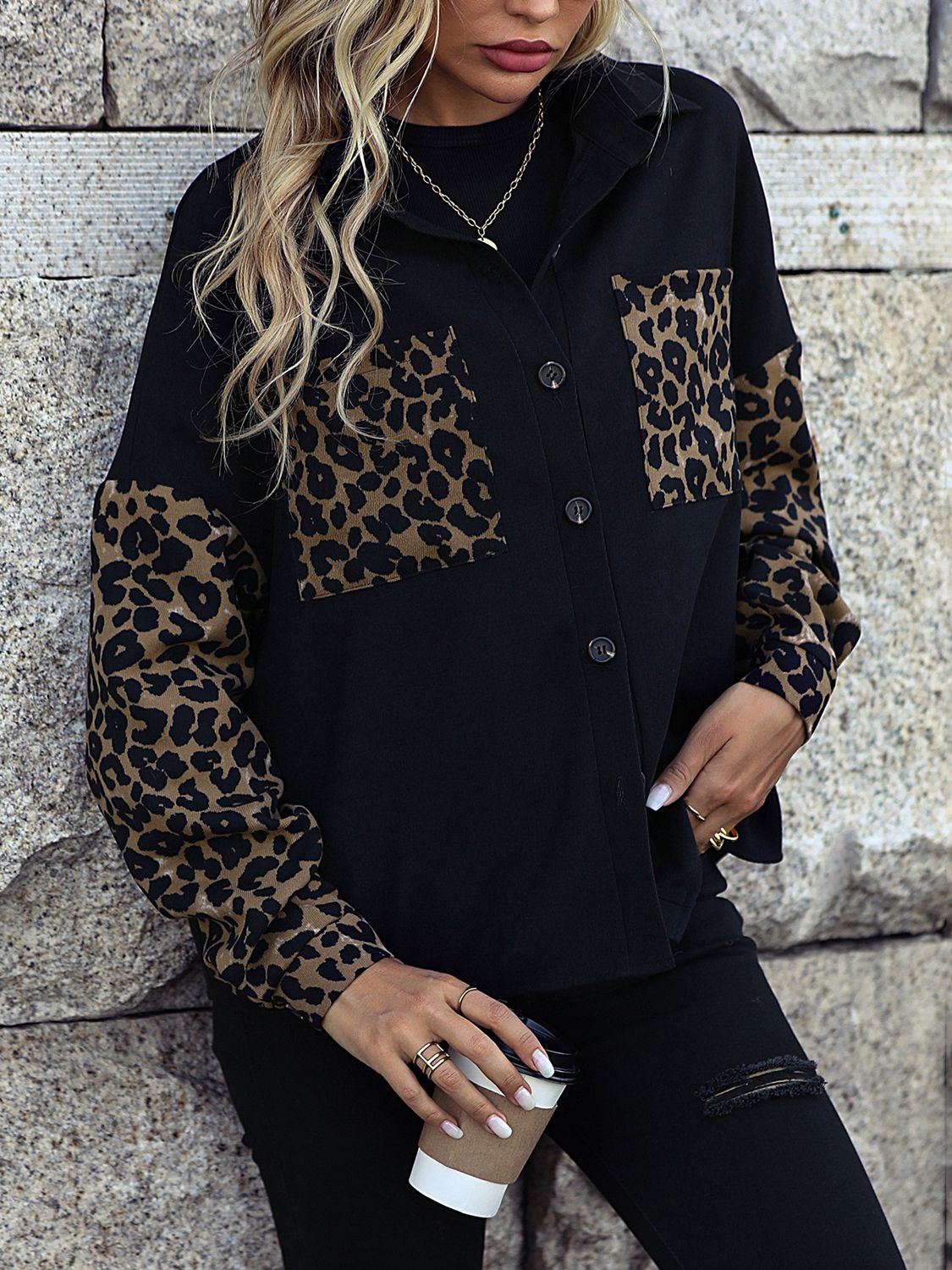 R&B | Leopard Print Knopf-abgesetzte Schulterjacke