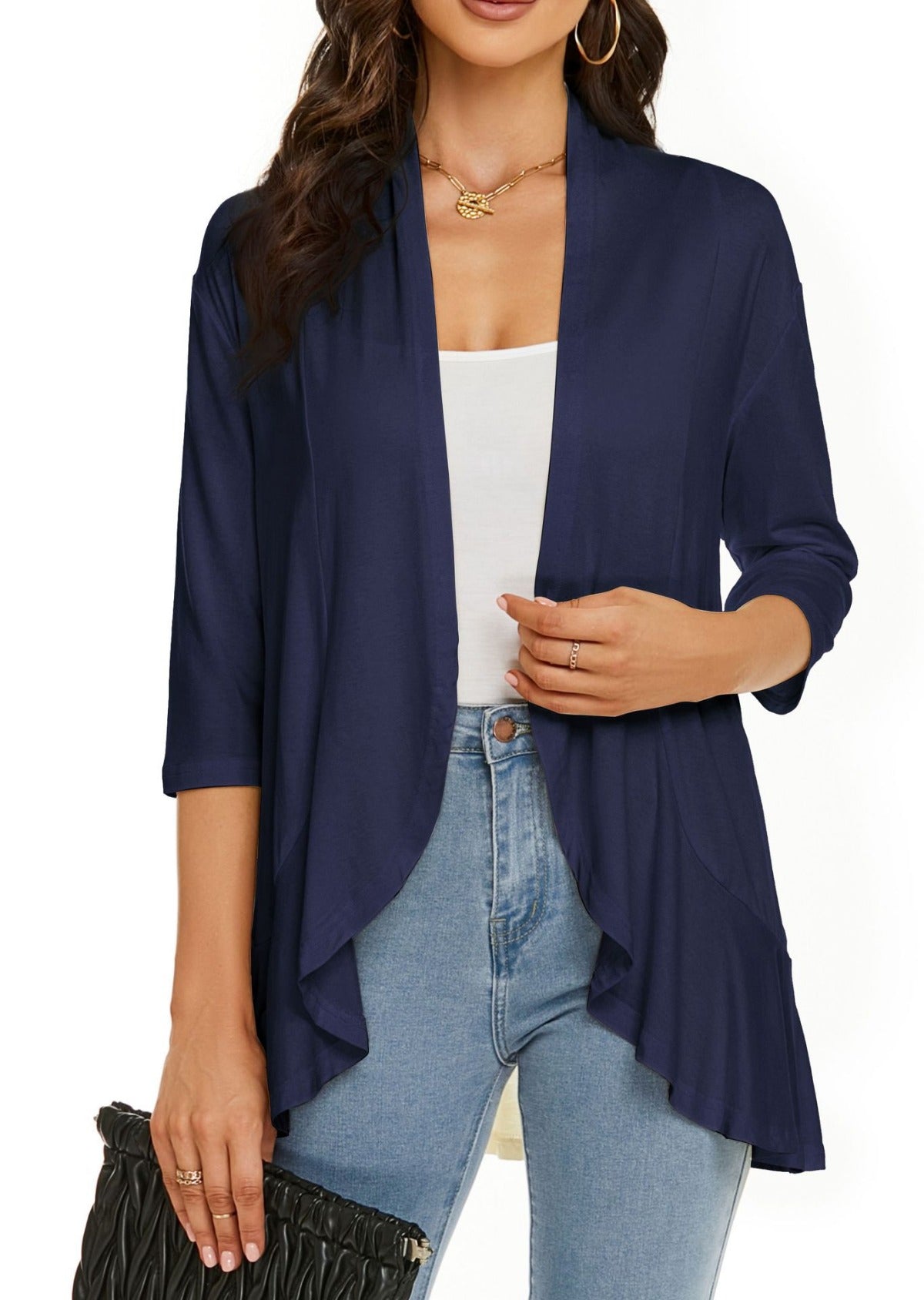 R&B | Einfarbige Strickjacke mit siR&Ben Viertelärmeln und Rüschenrand