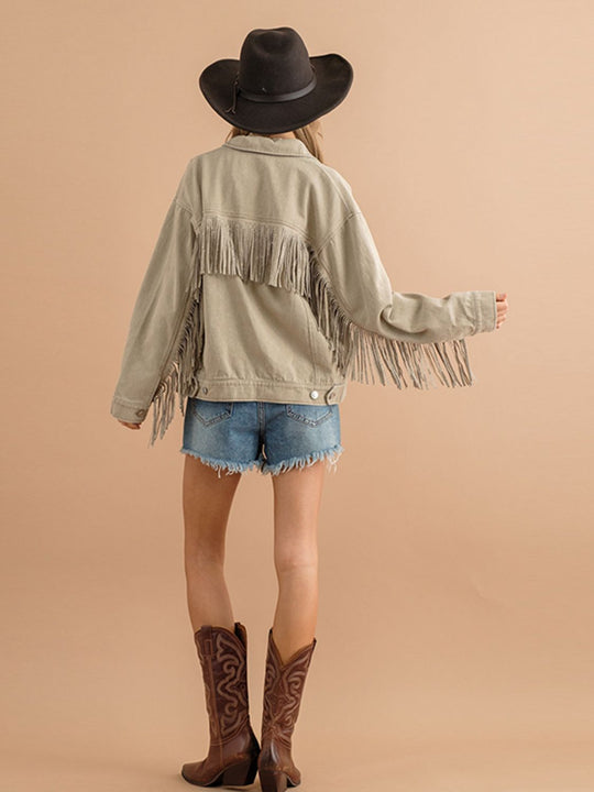 R&B | Fransen-Detail Gefallene Schulter Denimjacke