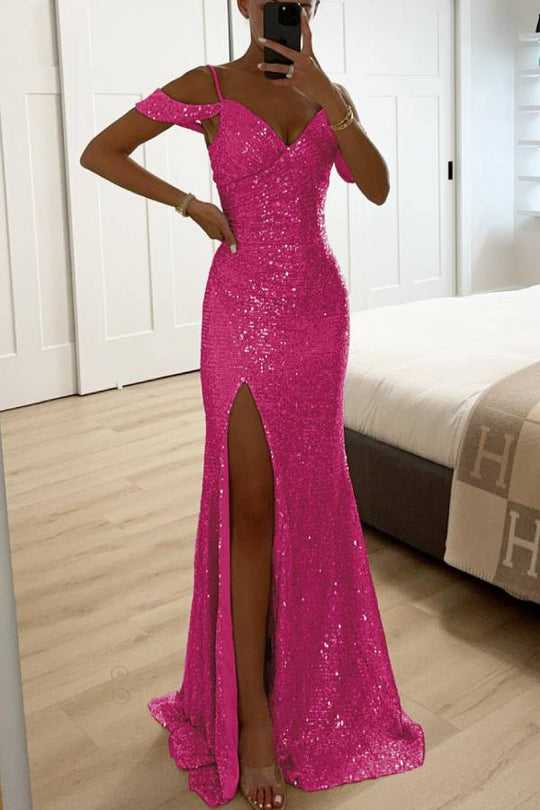 R&B | Paillettenspitze Meerjungfrau Abschlussballkleider mit Schlitz Off-Shoulder Abendkleid