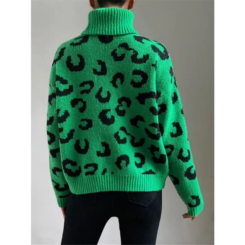 R&B | Lässiger Rollkragen-Strickpullover mit Leopardenmuster