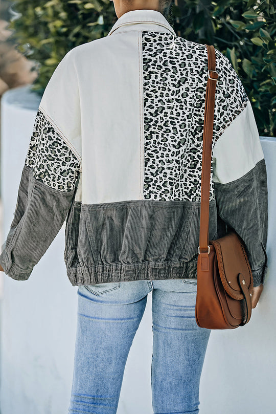 R&B | Leopard Farbblock Knopfleiste Cord Baumwolljacke