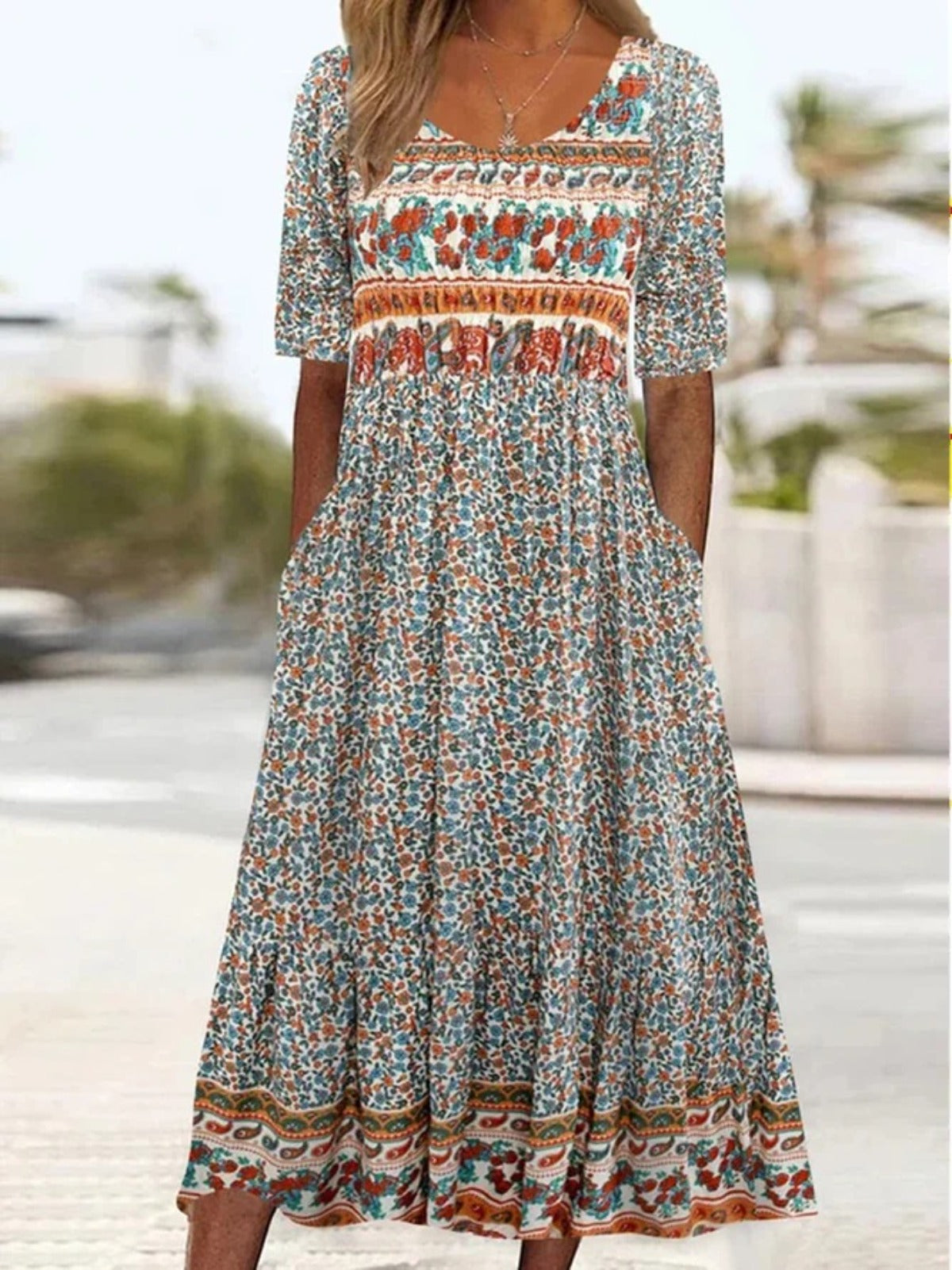 R&B | Rundhalsausschnitt Kurzarm Bohemian Print Kleid Frauen