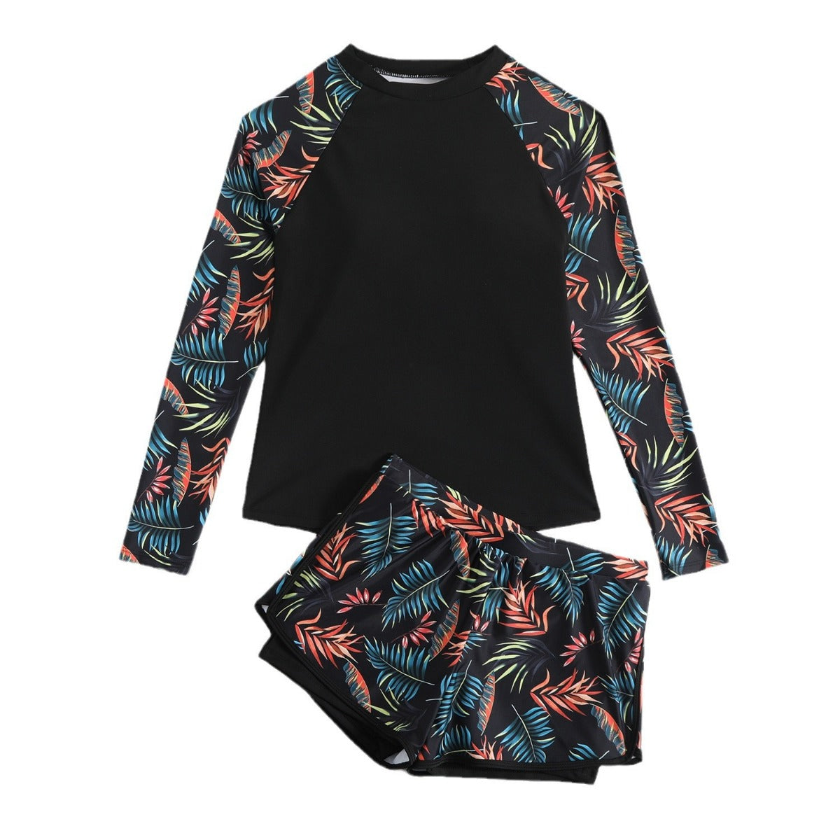 R&B | Langarm Print Spleißen Doppelhose Tankini Badeanzug