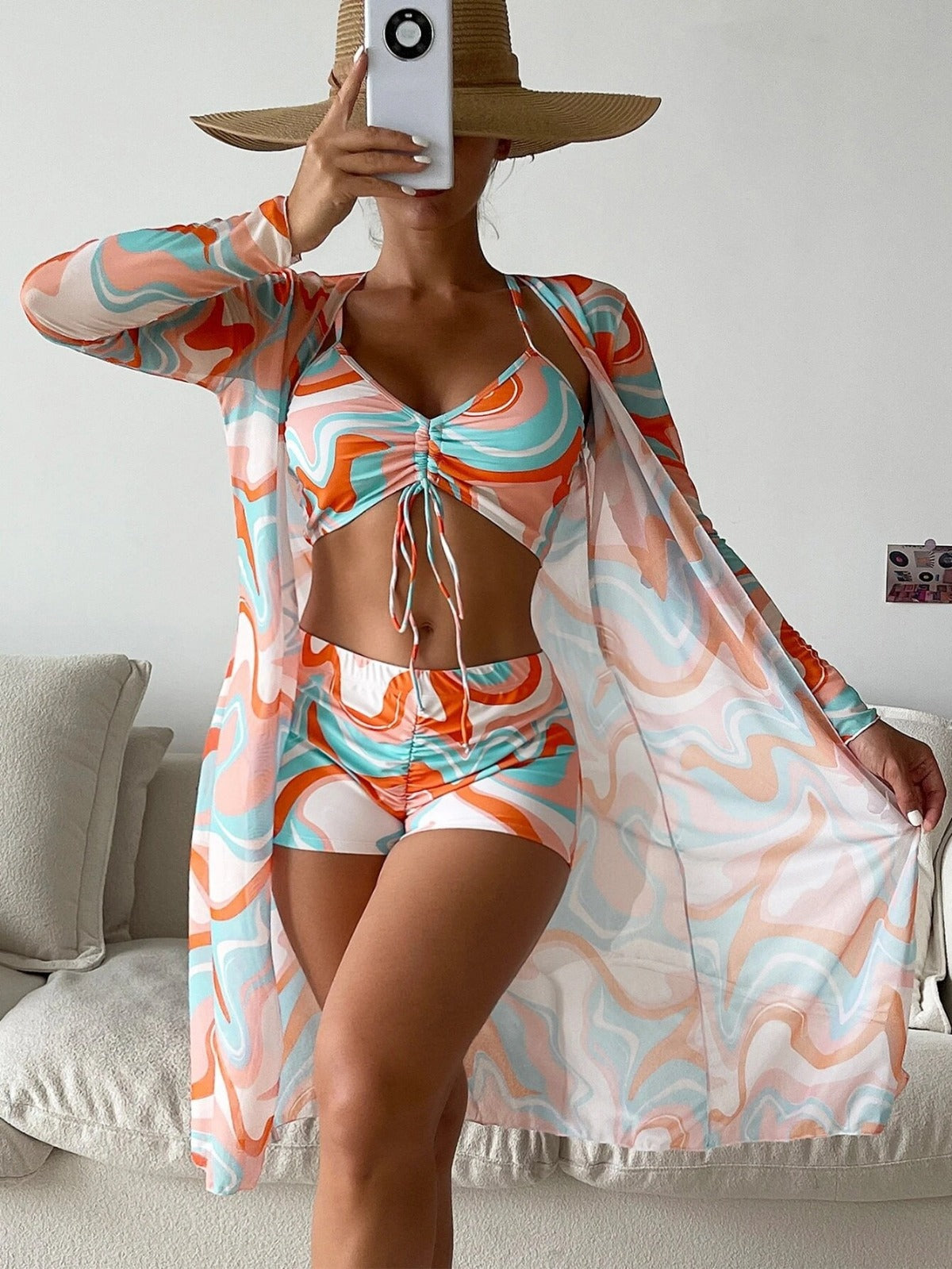 R&B | Dreiteilige Bluse mit hoher Taille und langen Ärmeln mit Kordelzug