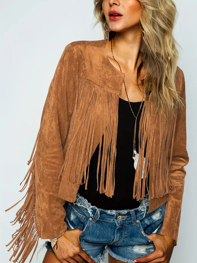 R&B | Offene Jacke mit Fransen Saum Im Wildleder Look