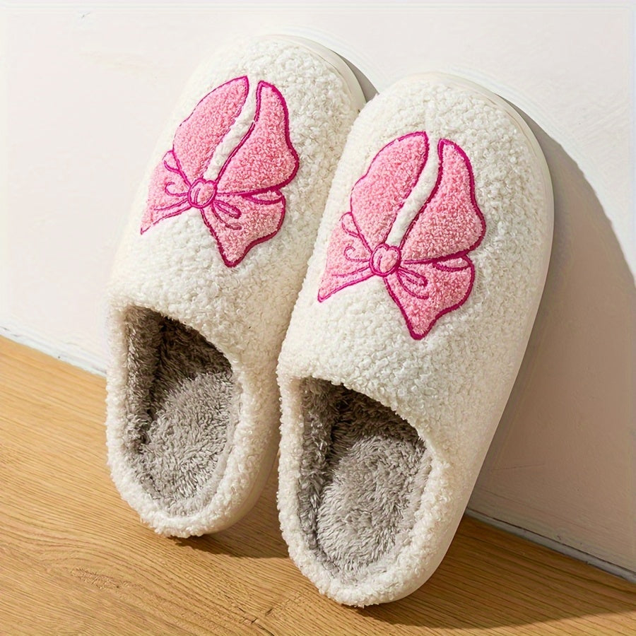 Beige Flauschige Slipper Mit Rosa Schleifenstickerei R&B